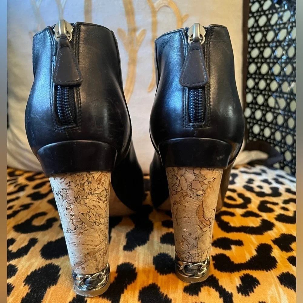 CHANEL OpenToe Black Leather Ankle Boots Mark Chain Cork Heel CC Size 38